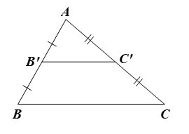 Cho tam giác ABC. Gọi B’, C’ lần lượt là trung điểm của AB, AC. Chứng minh ∆AB’C’ ᔕ ∆ABC. (ảnh 1)