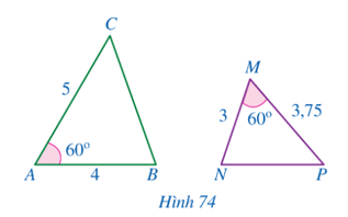 Cho Hình 74.   a) Chứng minh ∆ABC ᔕ ∆MNP.  b) Góc nào của tam giác ∆MNP bằng góc B? c) Góc nào của tam giác ∆ABC bằng góc P? (ảnh 1)