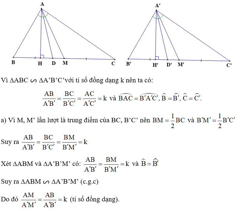 Cho ∆ABC ᔕ ∆A’B’C’ với tỉ số đồng dạng k.  a) Gọi AM, AM’ lần lượt là các đường trung tuyến của ∆ABC và ∆A’B’C’. Chứng minh ∆ABM ᔕ ∆A’B’M’ và   (ảnh 1)