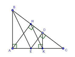 Cho tam giác ABC vuông tại A, đường cao AH. Từ điểm D nằm giữa H và C, vẽ DE ⊥ DC (E ∈ AC), DK ⊥ AC (K ∈ AC). Khi đó BE song song với  A. HC; B. DC; C. HK; D. KD. (ảnh 1)
