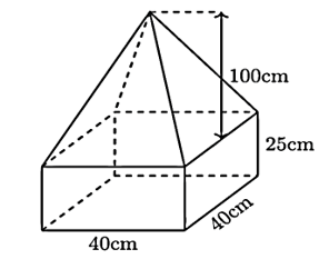 Một khối bê tông có dạng như hình dưới. Phần dưới của khối bê tông là hình hộp chữ nhật, đáy là hình vuông có cạnh 40 cm, chiều cao 25 cm. Phần trên khối bê tông là hình chóp tứ giác đều có chiều cao 100 cm. Thể tích khối bê tông đó là: (ảnh 1)