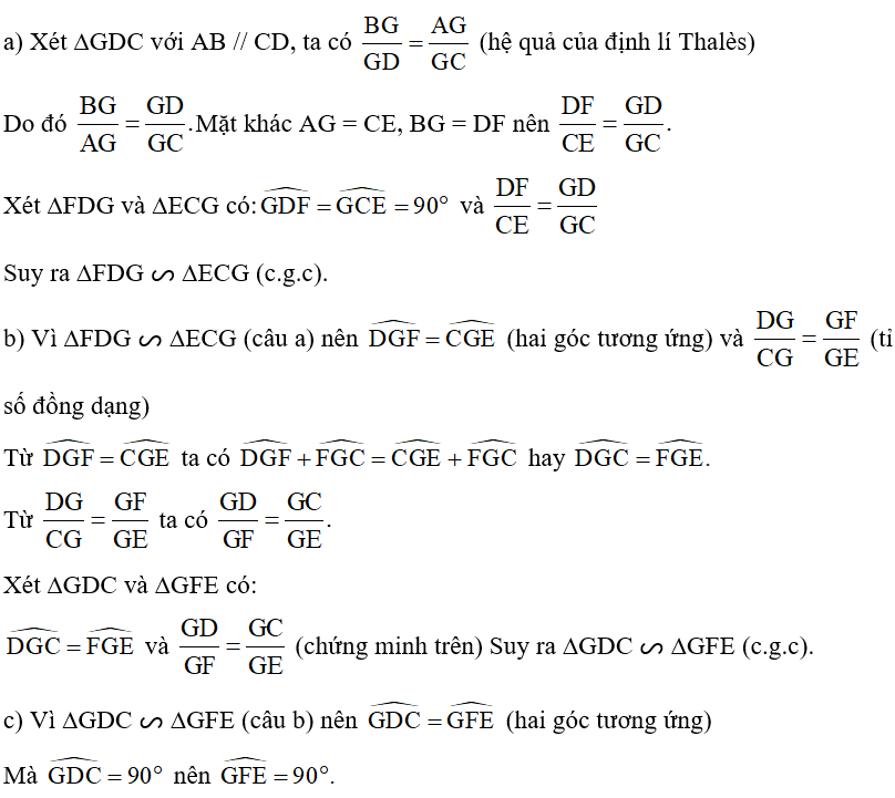 Hình thang ABCD ở Hình 39 có AB // CD, AB < CD, góc ABD = 90 đọ.  Hai đường chéo AC và BD cắt nhau tại G. Điểm E nằm trên đường vuông góc với AC tại C thỏa mãn CE = AG và đoạn thẳng GE không cắt đường thẳng CD. Điểm F nằm trên đoạn thẳng DC và DF = GB. Chứng minh: a) ∆FDG ᔕ ∆ECG; b) ∆GDC ᔕ ∆GFE; c)   (ảnh 2)