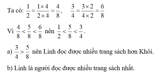 Linh, Nguyên, Khôi đọc 3 quyển sách giống nhau.   a) Trong hai bạn Linh và Khôi, ai đã đọc  (ảnh 2)