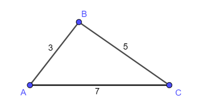 Cho tam giác ABC có AB = 3 cm, AC = 7 cm, BC = 5 cm. Khẳng định nào sau đây là đúng? (ảnh 1)