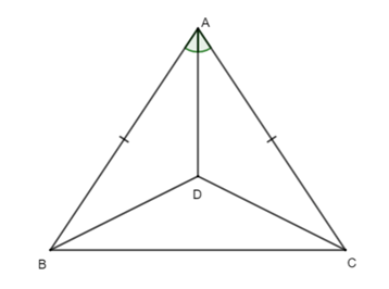 Cho tam giác ABC cân tại A có đường phân giác AD (D nằm trong tam giác ABC). (ảnh 1)