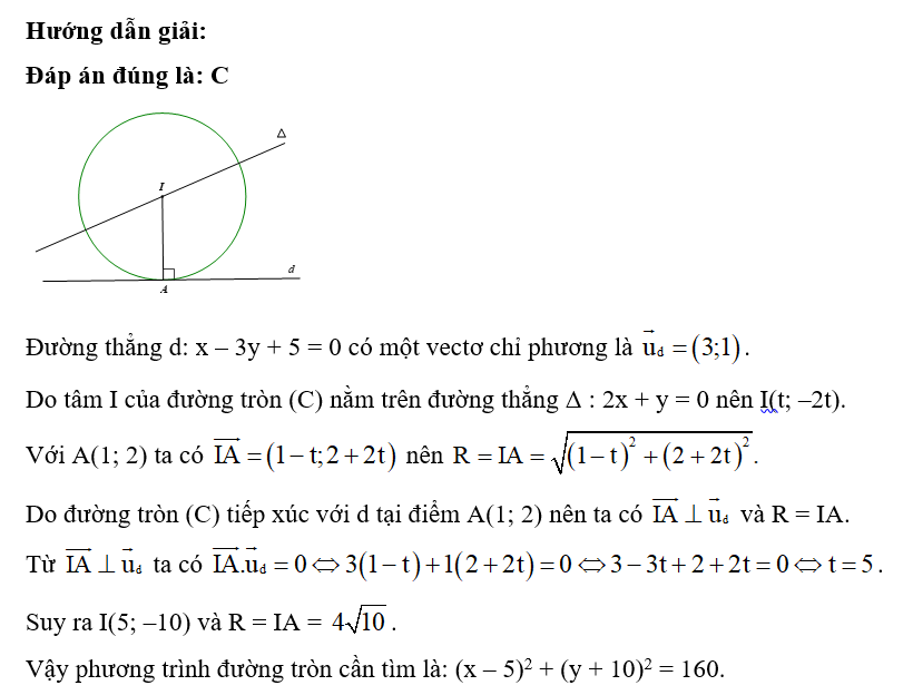 Cho đường thẳng d: x – 3y + 5 = 0. Phương trình đường tròn (C) có tâm nằm trên đường thẳng (ảnh 1)