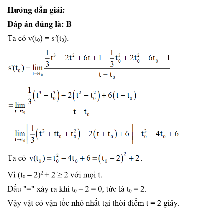 Một chất điểm chuyển động thẳng theo phương trình s(t) = 1/3 t^3 - 2t^2 + 6t+ 2 (ảnh 1)