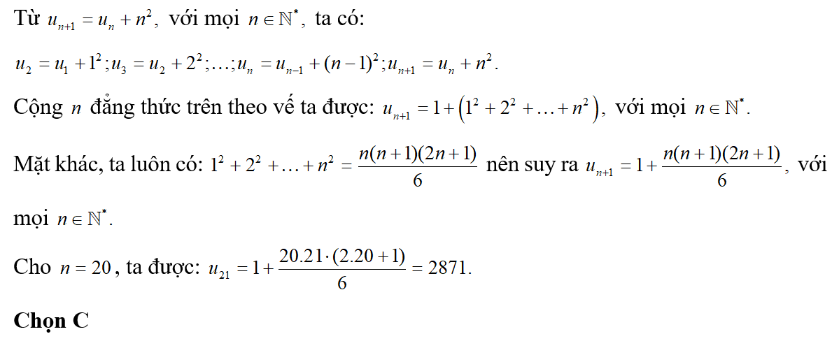 Cho dãy số (un) với u1= 1 và u n+1 = un + n^2 , n thuộc N. Tính  U21 (ảnh 1)