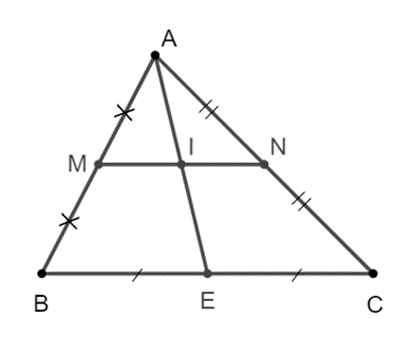 Gọi E là trung điểm của BC và I là giao điểm của AE với MN. Chứng minh I là  (ảnh 1)