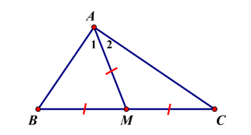 Cho tam giác ABC, AM là đường trung tuyến. Biết AM = MB = MC. Cho biết tam giác ABC là tam giác gì? (ảnh 1)