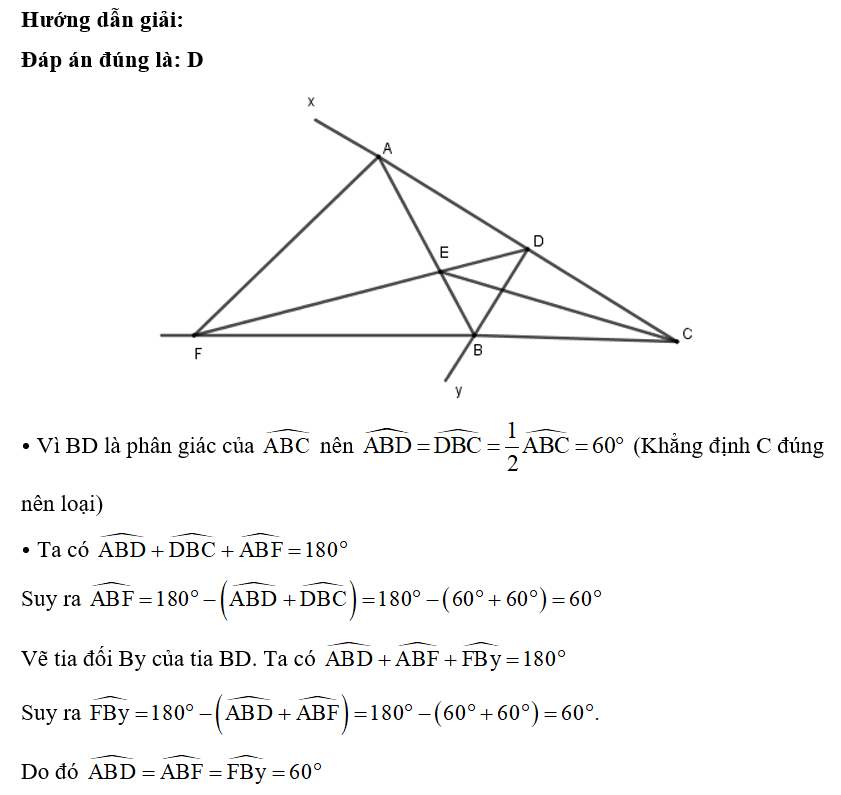 Cho tam giác ABC có góc B = 120 độ. Vẽ các đường phân giác BD, CE. Đường thẳng chứa tia phân (ảnh 1)