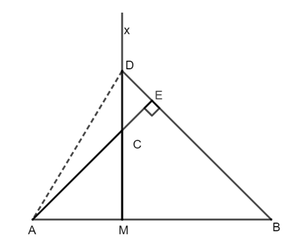 Cho đoạn thẳng AB và điểm M nằm giữa A và B (MA < MB). Vẽ tia Mx vuông góc với AB tại (ảnh 1)