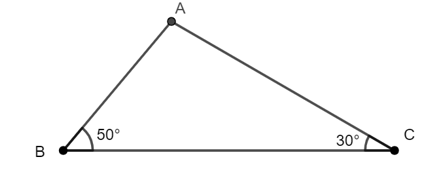 Cho tam giác ABC có góc C = 30 độ và góc B= 50 độ. Cạnh nào của tam giác ABC là lớn nhất? (ảnh 1)