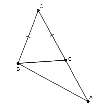 Cho tam giác OBC cân ở O. Trên tia đối của tia CO lấy điểm A (A khác O). Bất đẳng thức nào dưới đây là đúng? (ảnh 1)