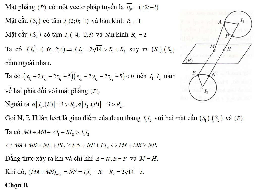 Trong không gian Oxyz, cho (P) x + 2y – 2 + 5 = 0 và 2 mặt cầu (S1): (x − 2)^2 + y^2 + (z + 1)^2 = 1 (ảnh 1)