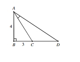 Tam giác ABC vuông tại B và có hai cạnh góc vuông là AB = 4, BC = 3. Vẽ điểm D nằm trên tia đối của (ảnh 1)