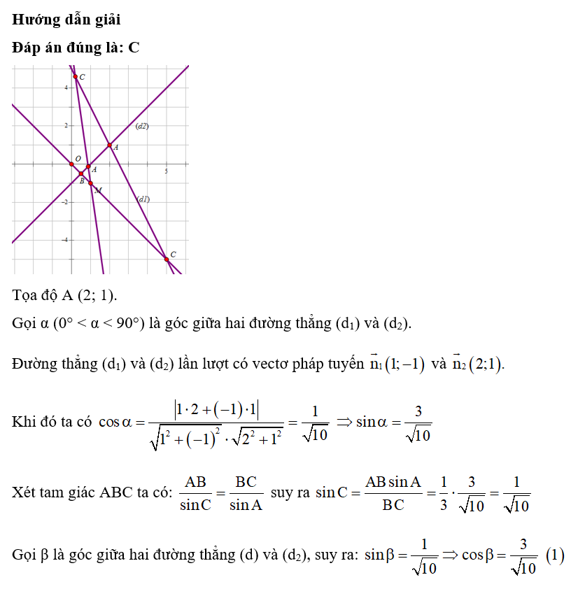 Trong mặt phẳng tọa độ Oxy, hai đường thẳng có phương trình (d1) : x – y – 1 = 0, (d2): 2x + y – 5 = 0. (ảnh 1)