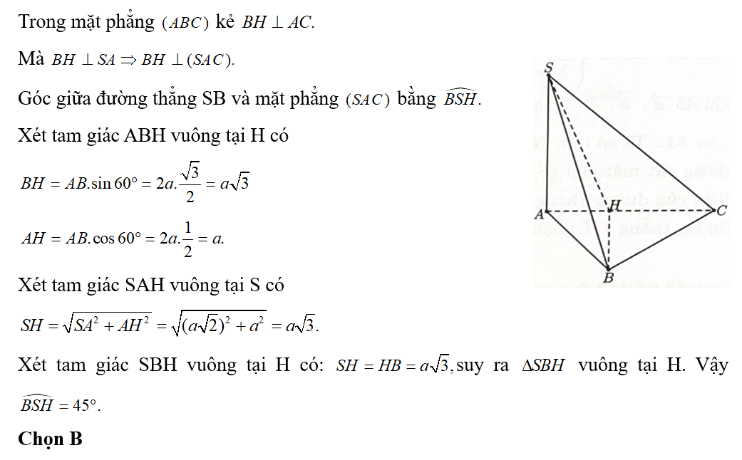 Cho hình chóp S.ABC có đáy là tam giác vuông tại B, cạnh bên SA vuông góc với mặt phẳng (ảnh 1)