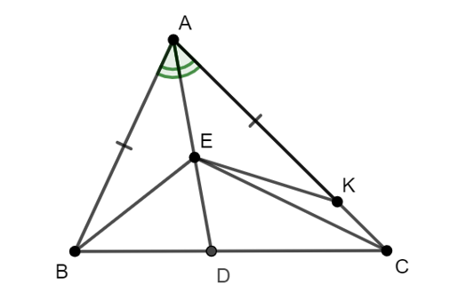 Cho tam giác ABC nhọn có AB < AC. Trên đường phân giác AD lấy điểm E (E thuộc cạnh AD). Khẳng định nào sau đây là đúng? (ảnh 1)