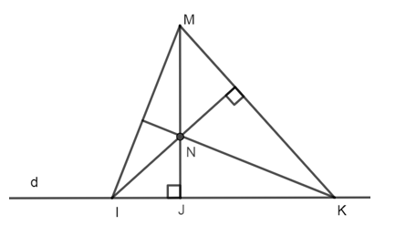 Trên đường thẳng d có ba điểm phân biệt I, J, K (J ở giữa I và K). Lấy điểm M nằm ngoài đường (ảnh 1)
