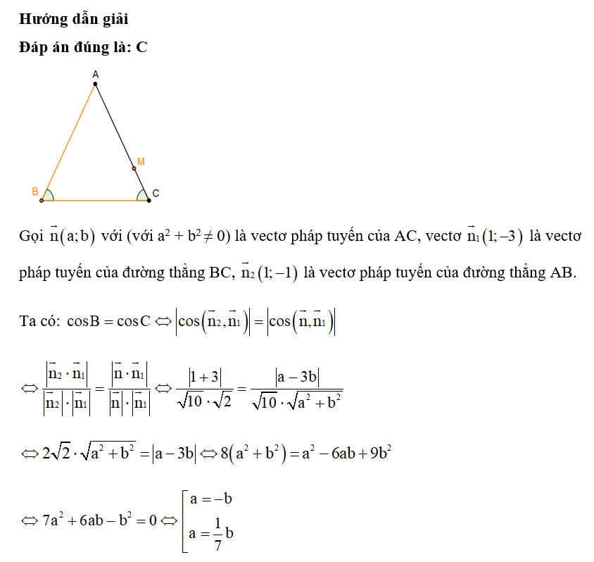 Trong mặt phẳng với hệ tọa độ Oxy, cho tam giác cân ABC có cạnh đáy BC: x – 3y – 1 = 0 (ảnh 1)