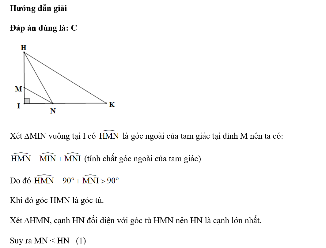 Cho tam giác HIK vuông tại I. Trên cạnh IH lấy điểm M, trên cạnh IK lấy điểm N. Khẳng định nào sau đây là đúng? (ảnh 1)