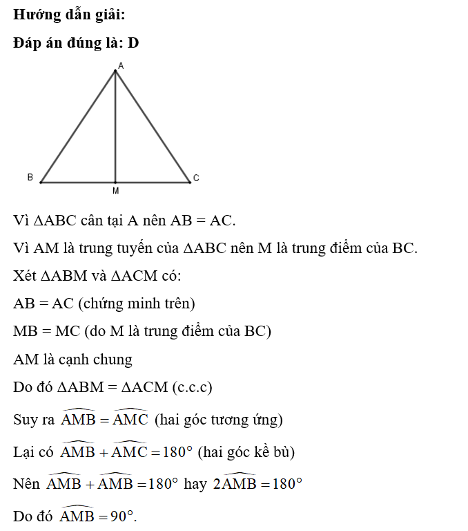 Cho tam giác ABC cân tại A có đường trung tuyến AM. Số đo góc AMB là (ảnh 1)