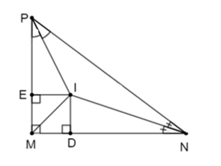 Cho tam giác MNP vuông tại M, các tia phân giác của góc N và góc P cắt nhau tại I. Gọi D, E là chân (ảnh 1)