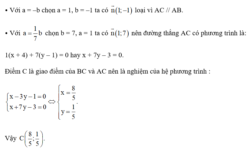 Trong mặt phẳng với hệ tọa độ Oxy, cho tam giác cân ABC có cạnh đáy BC: x – 3y – 1 = 0 (ảnh 2)