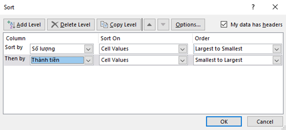 Sắp xếp các mặt hàng theo tiêu chí Số lượng giảm dần, nếu Số lượng bằng nhau (ảnh 1)