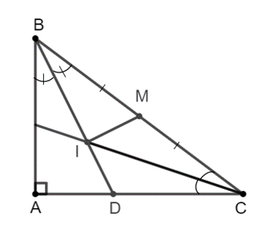 Tia phân giác của góc ACB cắt BD ở I. Gọi M là trung điểm BC. Chứng  (ảnh 1)