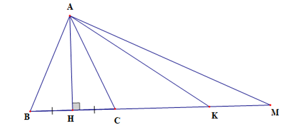 Cho hình vẽ sau:   Khẳng định nào sau đây là sai? A. AB = AC; B. AK < AM; C. AH > AC; D. AH < AK. (ảnh 1)
