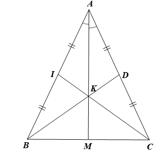 Cho tam giác ABC cân tại A. Đường phân giác của góc A cắt đường trung tuyến BD tại K. Gọi I là  (ảnh 1)