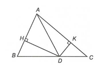Cho tam giác ABC, điểm D nằm giữa B và C. Gọi H, K lần lượt là chân các đường vuông góc kẻ từ điểm (ảnh 1)