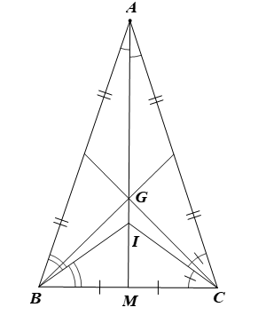 Cho tam giác ABC cân tại A. Gọi G là trọng tâm của tam giác, I là giao điểm của các đường phân giác  (ảnh 1)