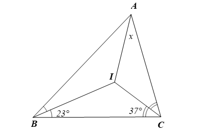 Cho hình vẽ. Biết CI và BI lần lượt là đường phân giác của góc ACB và góc ABC  Giá trị của x là (ảnh 1)