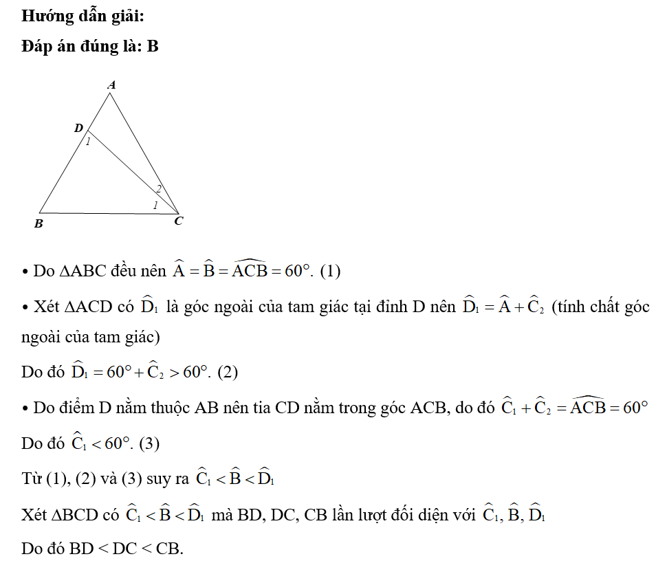 Cho tam giác đều ABC, điểm D thuộc cạnh AB. Khẳng định nào sau đây là đúng? (ảnh 1)