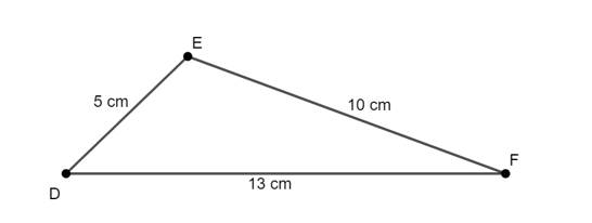 Cho tam giác DEF có DE = 5 cm, DF = 13 cm và EF = 10 cm. Khẳng định nào sau đây là sai? (ảnh 1)