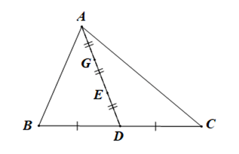 Cho tam giác ABC có đường trung tuyến AD. Trên đoạn thẳng AD lấy hai điểm E, G sao  (ảnh 1)