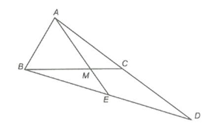 Cho tam giác ABC, điểm M thuộc cạnh BC sao cho BM = 2MC. Trên tia đối của tia CA lấy điểm  (ảnh 1)