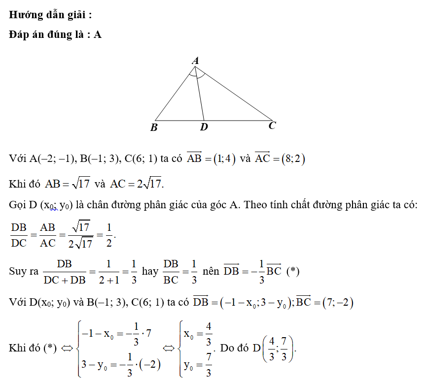 Trong mặt phẳng tọa độ Oxy, cho tam giác ABC có A(–2; –1), B(–1; 3), C(6; 1). Phương trình đường phân  (ảnh 1)