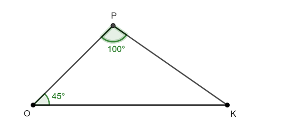 Cho tam giác OPK có góc OPK = 100 độ và góc POK = 45 độ. Cạnh lớn nhất của tam giác OPK là (ảnh 1)