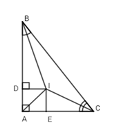 Cho tam giác ABC có góc A= 90 độ các tia phân giác của góc B và góc C cắt nhau tại I. Gọi D, E là chân các đường vuông (ảnh 1)