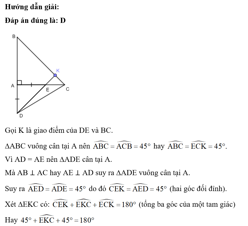Cho tam giác ABC vuông cân tại A, lấy E thuộc cạnh AC. Trên tia đối của tia AB lấy điểm D sao cho  (ảnh 1)