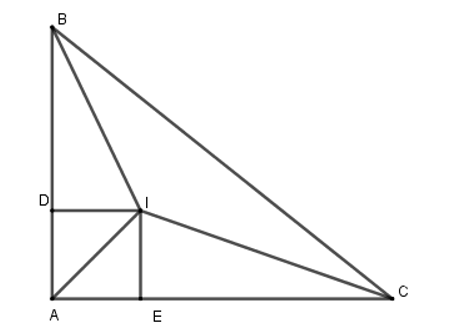 Cho tam giác ABC có góc A = 90 độ các tia phân giác của góc B và góc C cắt nhau tại I. Gọi D, E là chân (ảnh 1)