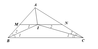 Cho ΔABC có I là giao điểm của hai tia phân giác của góc A và B. Qua I kẻ đường thẳng (ảnh 1)