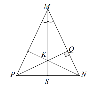 Cho ∆MNP cân tại M, đường cao PQ cắt đường phân giác MS ở K. Khẳng định nào sau đây là sai? (ảnh 1)