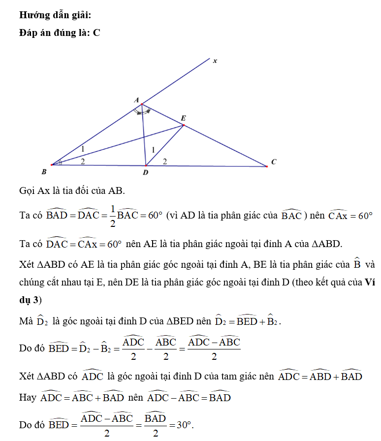 Cho ΔABC có góc A= 120 độ và hai đường phân giác AD, BE (D thuộc BD, E thuộc AC). Số đo của góc BED  là (ảnh 1)