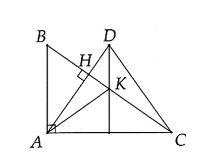 Cho tam giác ABC vuông tại A, kẻ đường cao AH. Lấy điểm K thuộc đoạn thẳng HC. Qua K kẻ đường (ảnh 1)