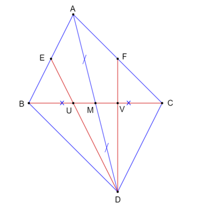 Cho tam giác ABC có M là trung điểm của cạnh BC và D là điểm sao cho M là trung điểm của (ảnh 1)